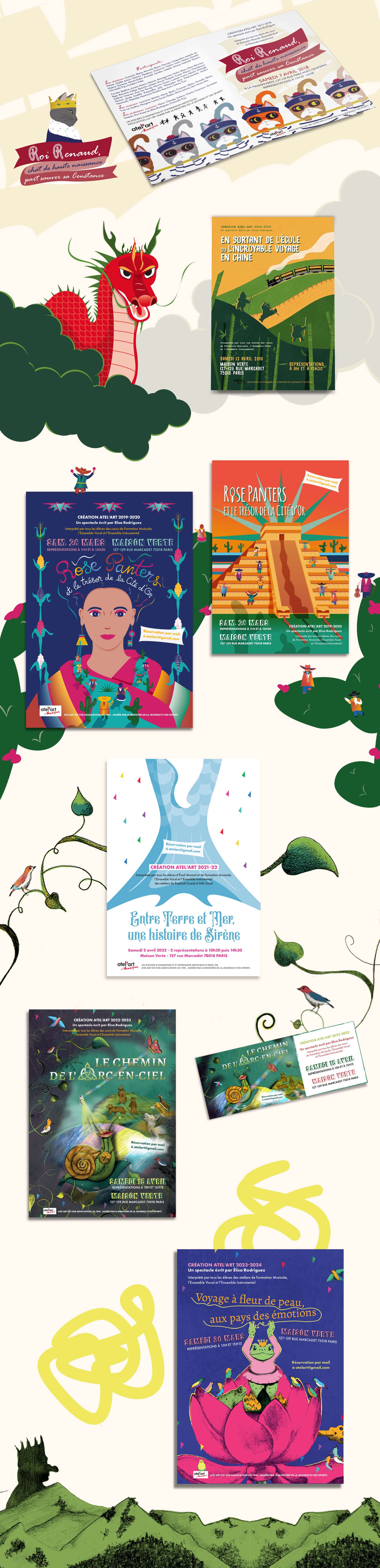 Affiches des spectacles d'Atel'art de 2018 à 2024