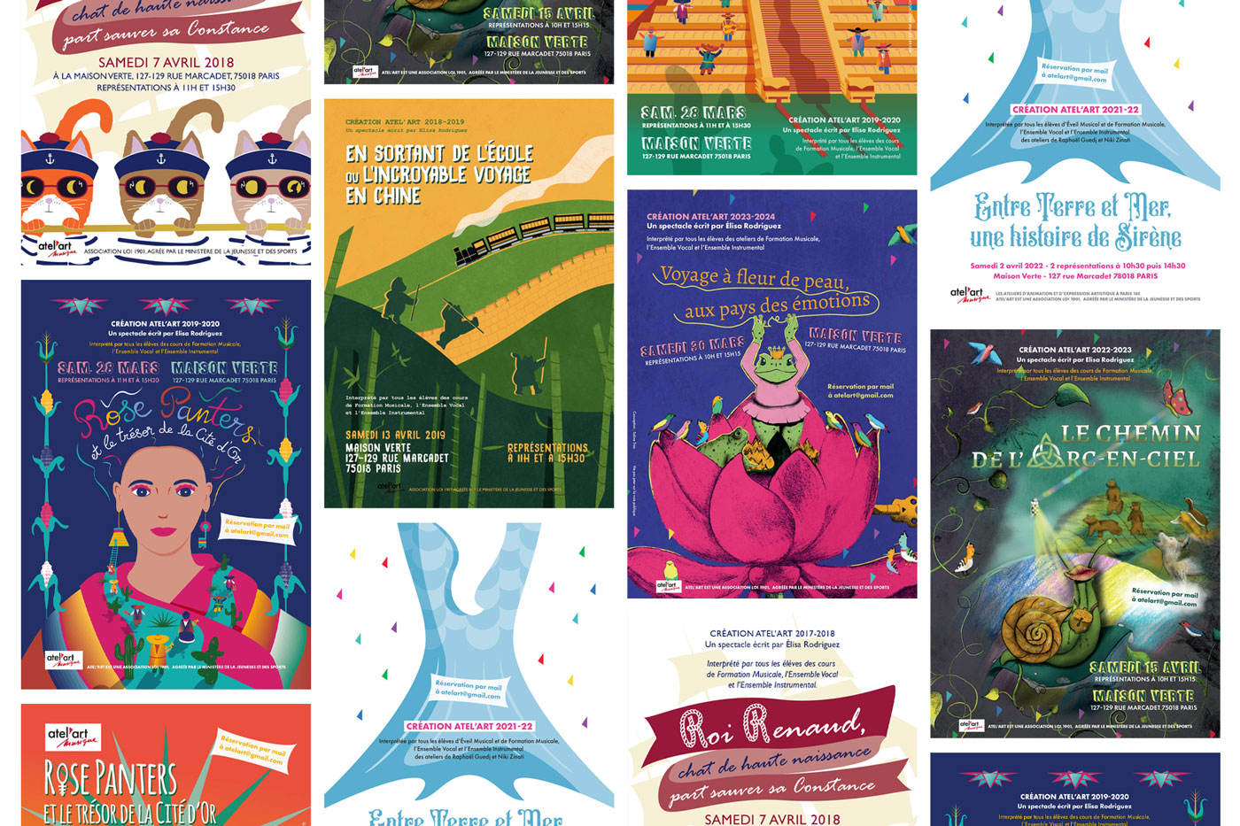 Affiches des spectacles d'Atel'art de 2018 à 2024