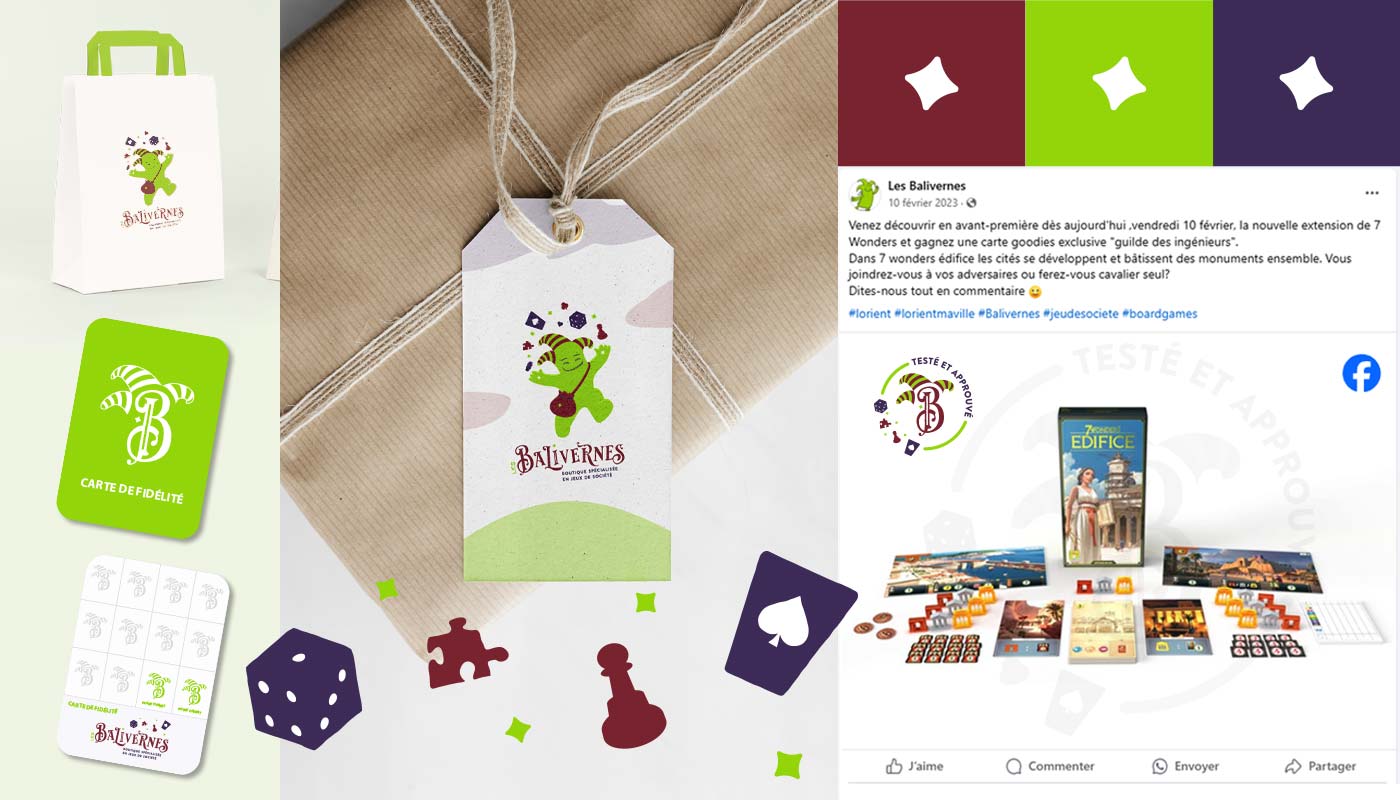 Carte de fidélité, étiquette et post Facebook avec la nouvelle identité des Balivernes